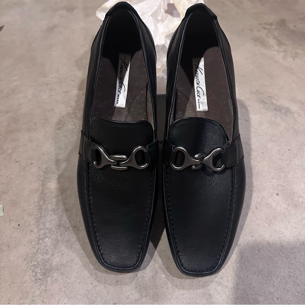 Black Leather Loafers with Silver Buckle, Brand New
